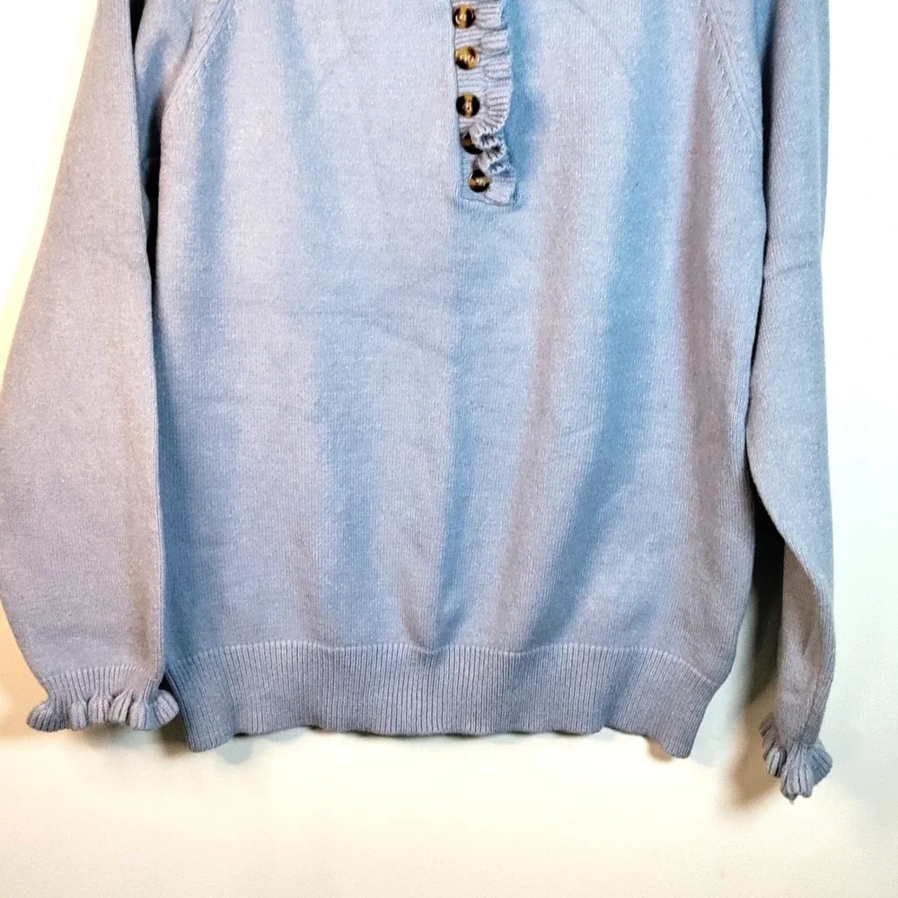 BTFBM‎ Women M 1/4 Button Blue Ruffle Neck & Cuff Knit Preppy Casual Sweater Y2K